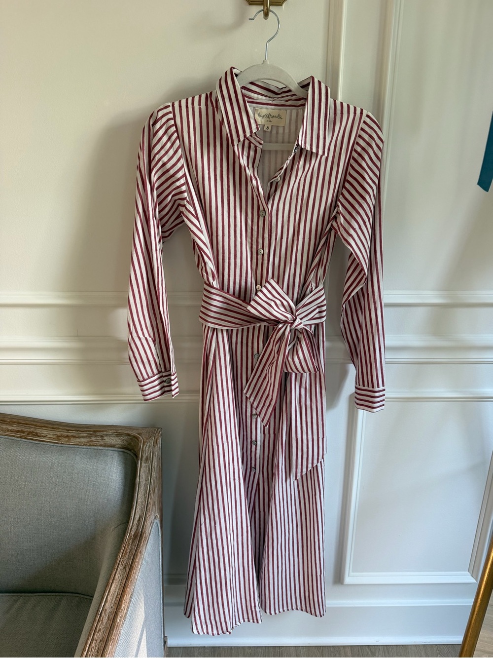 FRIENDS Red and White Striped Maxi Shirt Dress with Tie Waist